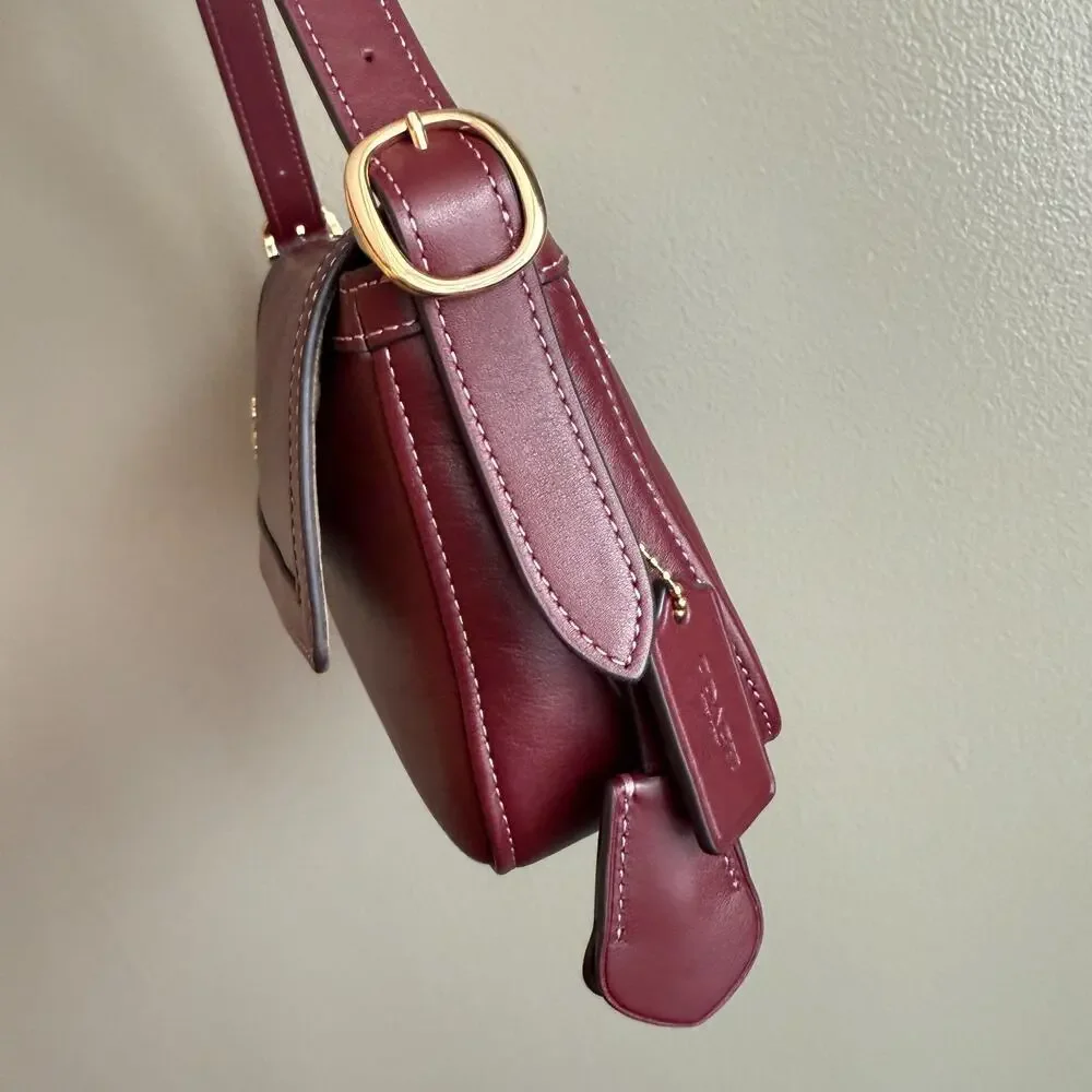 Limited ‼️Coach Etta Small Flap Shoulder Bag CCV63 smooth leather/Im/Maroon - Picture 3 of 11